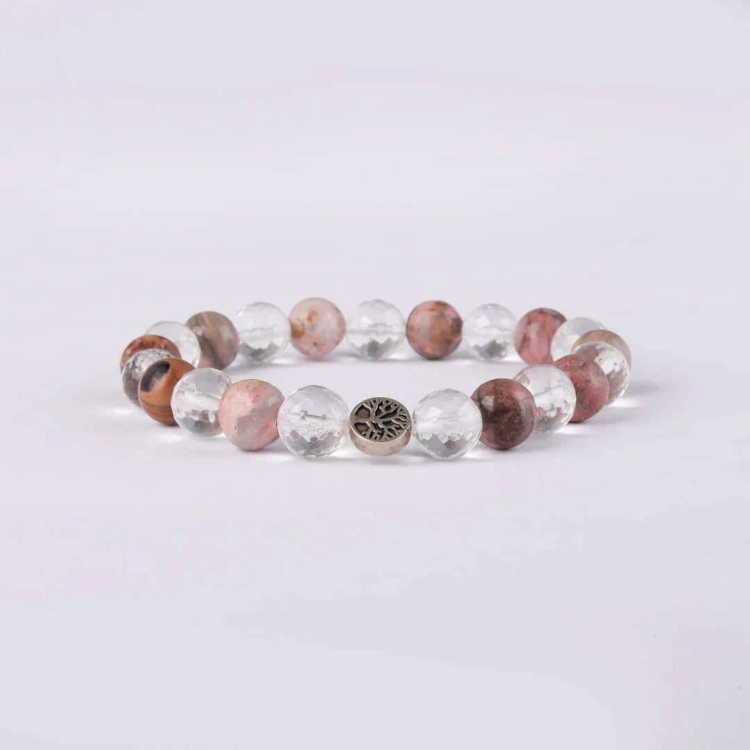 Love Yourself Rhodochrosite & Clear Quartz bracelet for self-love, emotional healing, heart opening, clarity, inner peace, and high-frequency energy with Star Codes.